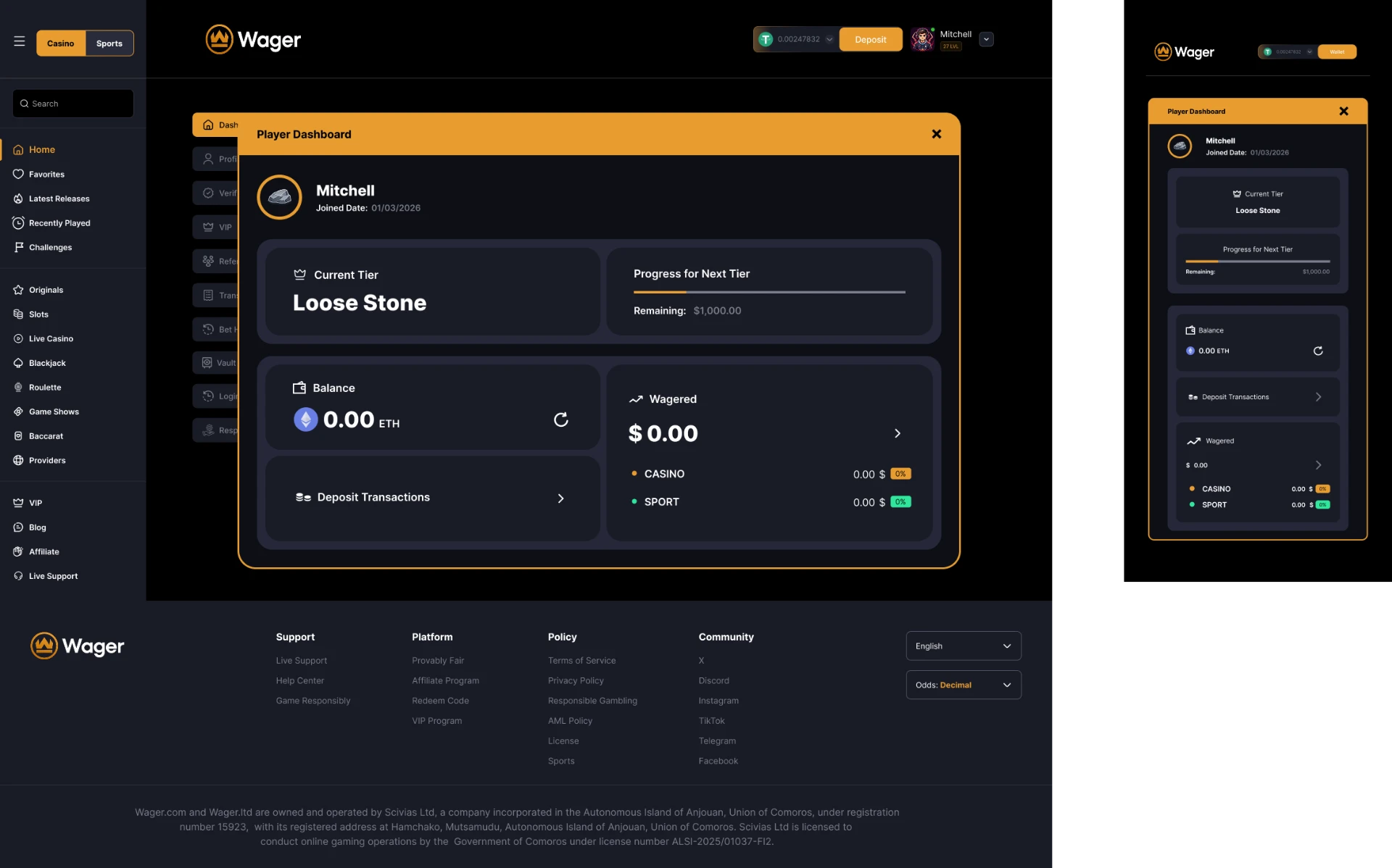 Wager player dashboard profile page, desktop and mobile