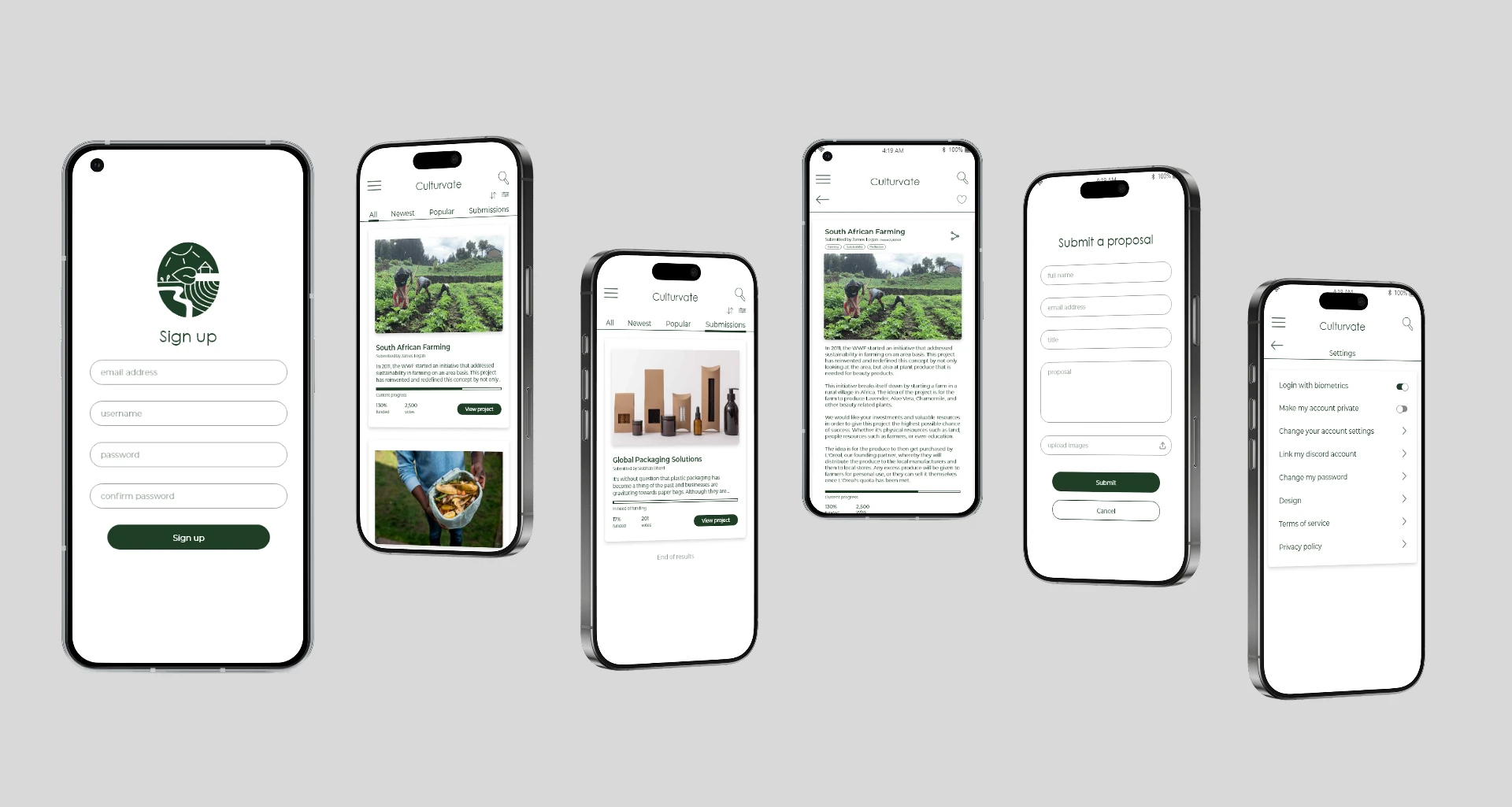 Culturvate app concept screens shown across multiple mobile mockups