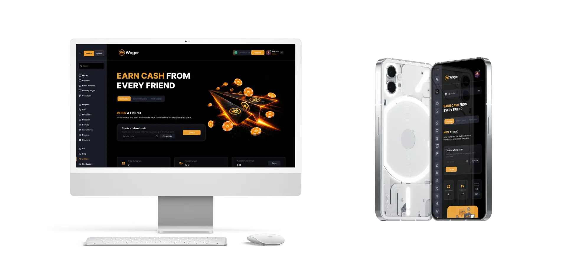 Wager referrals page shown on desktop and phone mockups